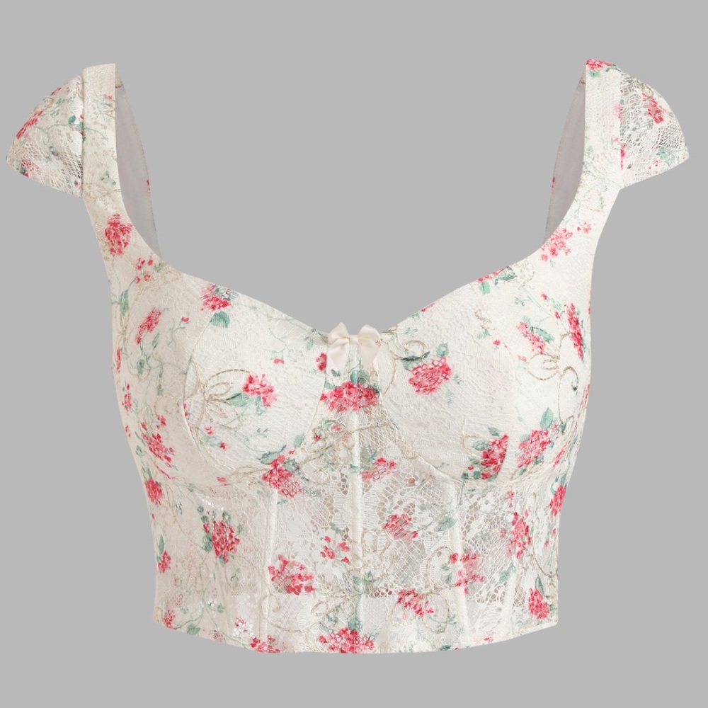 Cider White and Pink Floral Lace Crop Top 4
